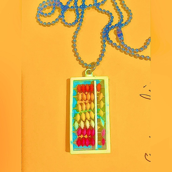 Abacus necklace charm vtg 80s plastic rare HTF w/aqua blue dog tag chain 24" - Picture 4 of 4